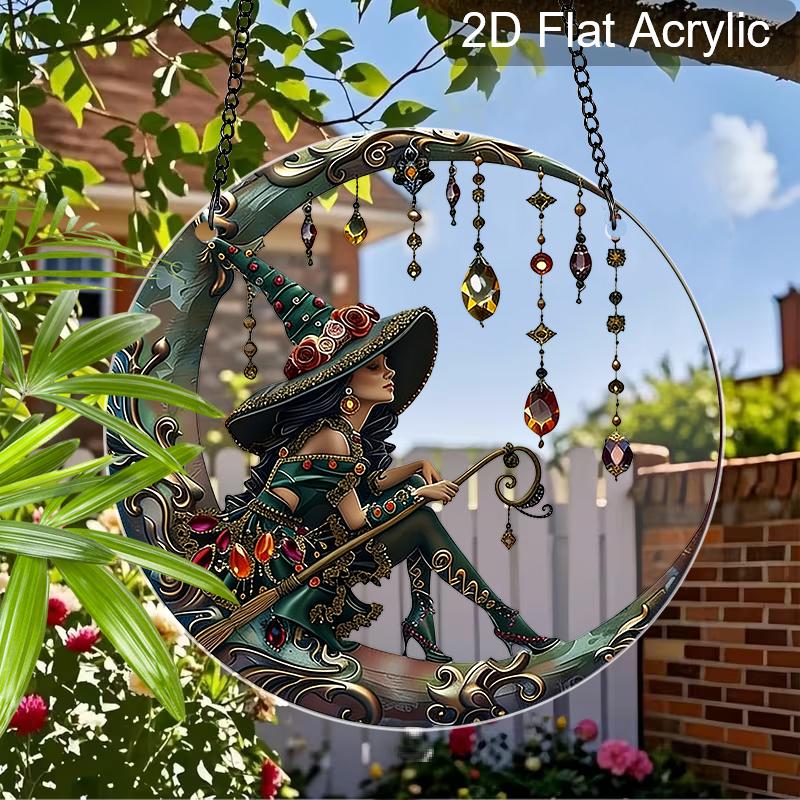 Acrylic Witch On Crescent Moon with Crystals Suncatcher, Stained Glass Effect Window Hanging Ornament for Witchcraft & Fantasy Lover Gifts