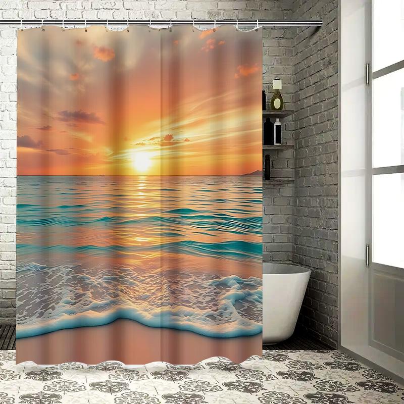 

Beach Sunrise Shower Curtain Hd Scenery Waterproof Bath Curtain Creative Home Decoration For Stylish Home Upgrade Easy-Clean W60H190(CM)-1 Pcs