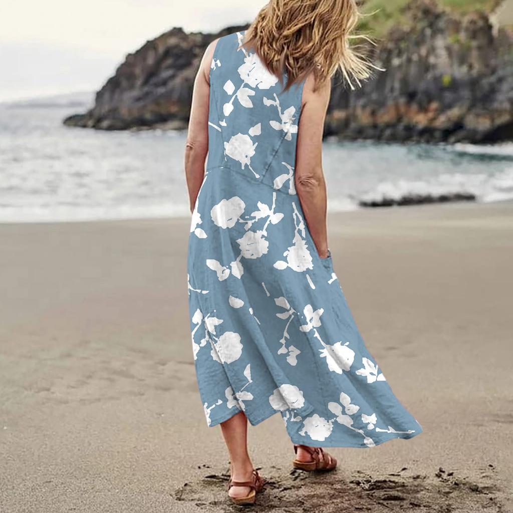 Women's Summer Casual Fashion Flower Printed Sleeveless  Pocket Dress