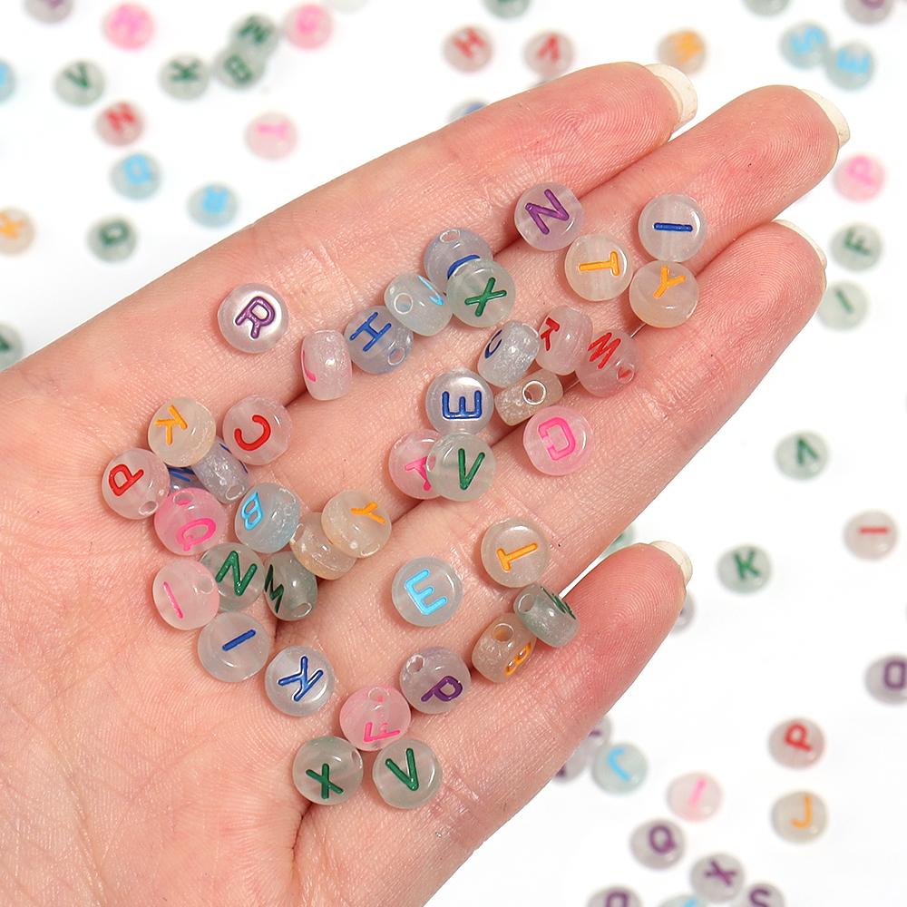 100Pcs/Lot 7mm Acrylic Luminous Beads Translucent Colorful Letter A-Z Flat Round Beads Diy Fashion Bracelet Necklace  Jewelry