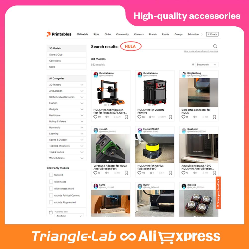 Trianglelab HULA Anti-Vibration Feet for Bambu Lab A1 A1mini P1P P1S P2S HULA for Creality K1 K1C K1 Max Legs HULA for QIDI Q2