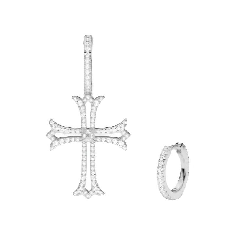 APM Monaco Cross Asymmetric Hoop Synthetic Cubic Zirconia Earrings Women s Silver White WE16626OX