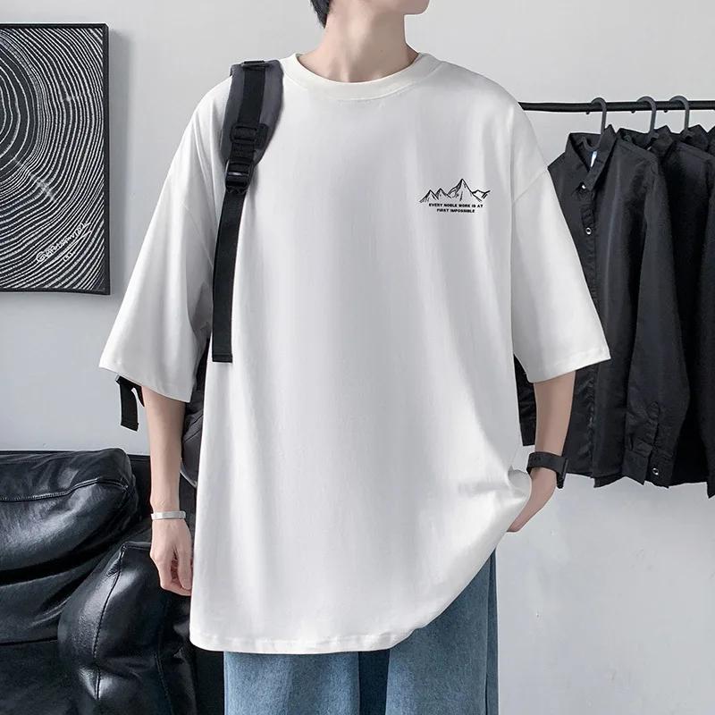 Summer Print Short Sleeve T-shirt Men's Cotton Loose Oversize Box Long Tee Sports Round Neck Top New Fashion Men Clothing