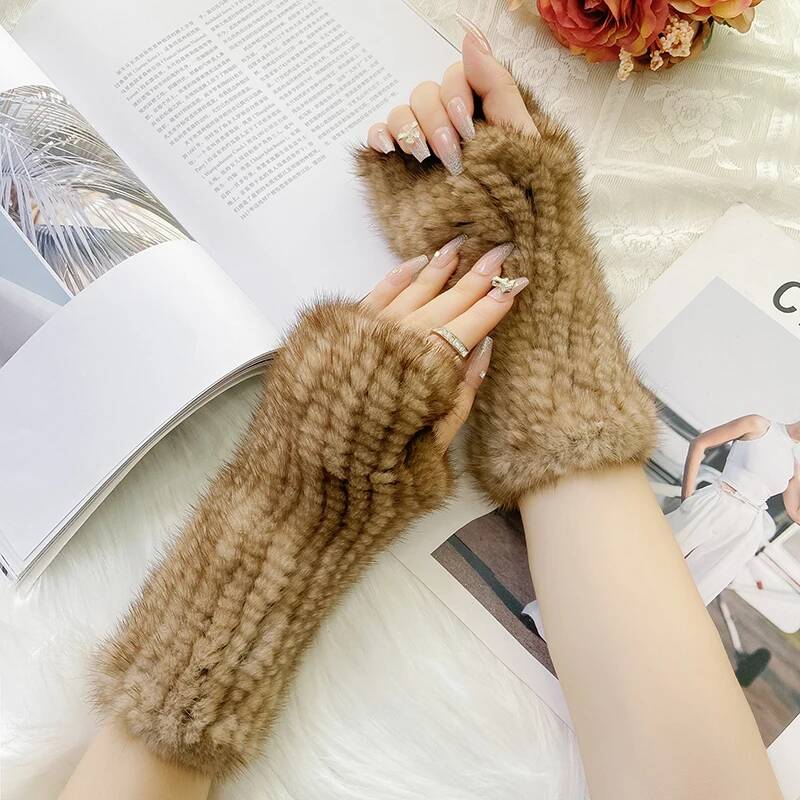 Real Mink Fur Gloves Winter Women's Half Finger Fur Gloves Thickened Handmade Mink Fur Gloves Lady Outdoor Warm Fur Gloves