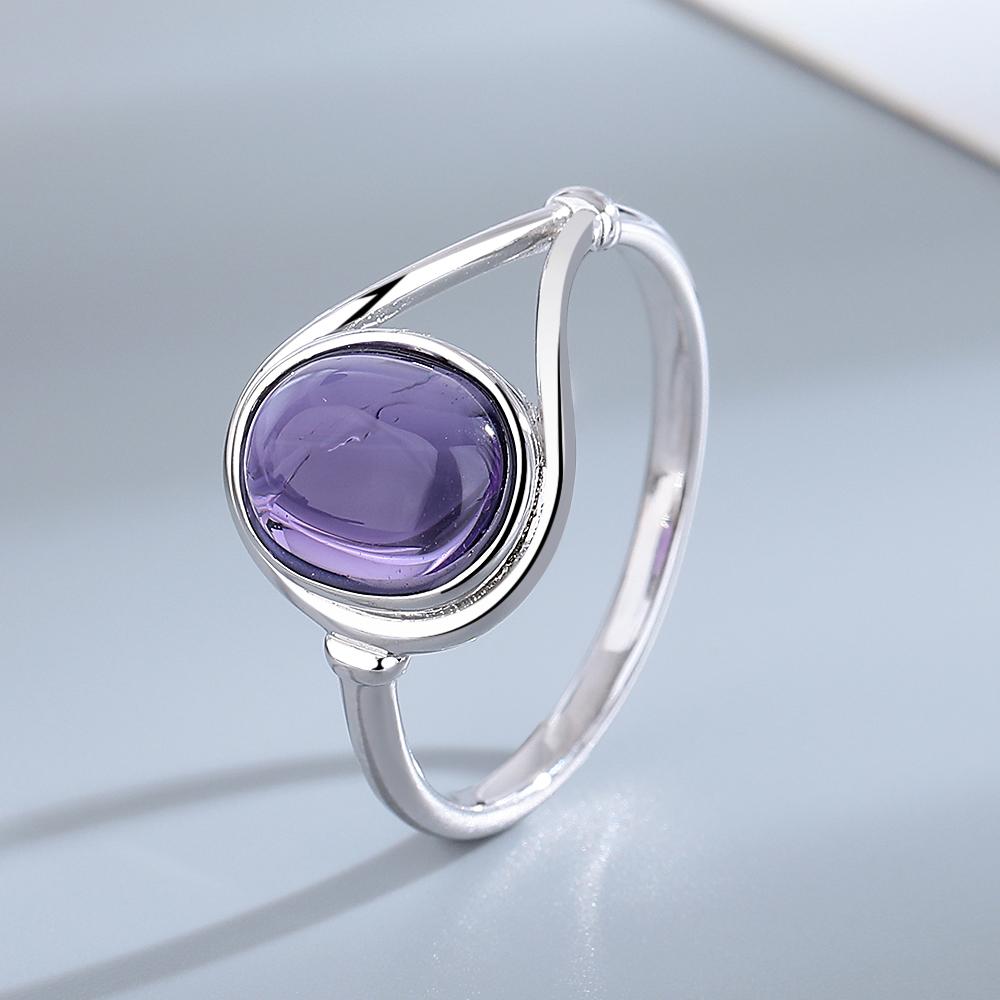 Dainty Natural Moonstone Ring 8*10MM Round Amethyst Agate Stone Vintage Silver Jewelry Ring For Women Party Anniversary Gifts