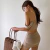 Women's High-Waisted Solid Color Bikini Swimsuit with Triangle Skirt Style