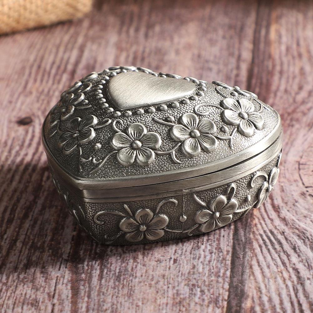 Vintage Alloy Heart Shape Embossment Storage Box Decoration Jewelry Container Holder