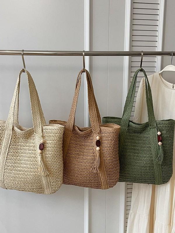 Versatile Solid Color Straw Beach Bag – Large Capacity Vacation Handbag