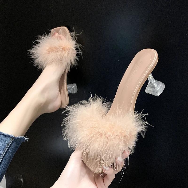 Fluffy Slippers Women Wear 2024 Summer New Fairy Style Sexy Everything Fashion Crystal Stiletto Heels Sandals