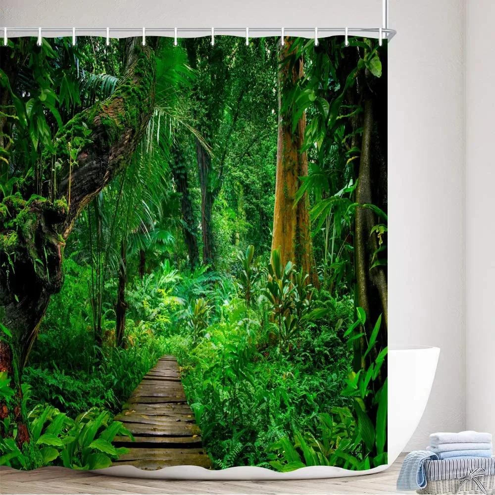 Tropischer Regenwald Duschvorhänge Waldpflanzen Rustikale Naturlandschaft Badevorhang Gartenwandbehang Badezimmer Dekor Haken