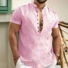 Summer New Cotton Linen T-shirt for Men Solid Color Half Button Henley Neck Casual Cozy Simple Style Button Tops
