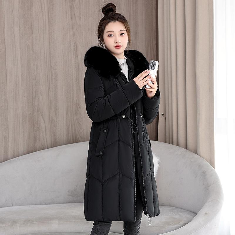 New Cotton-padded Jacket Women's Long Slim Autumn and Winter Fur Collar Hooded Cotton-padded Jacket