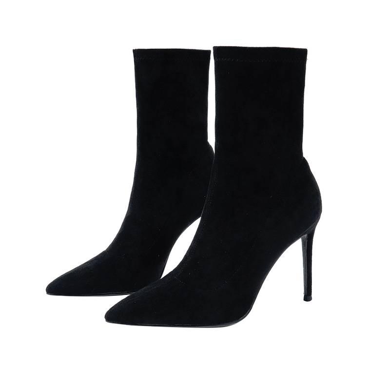 2025 Autumn and Winter New Short Boots Women's High Heel Thin Heel Pointed Black Elastic Thin Boots Versatile Internet Celebrity Medium Single Boots