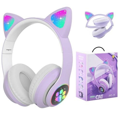 Megadream Kids' Wireless/Wired Headphones with Microphone, Cat Ear LED Lights, Dual RGB Light Design, Bluetooth 5.0, 1m Wire Length, TF Card Slots, Fo