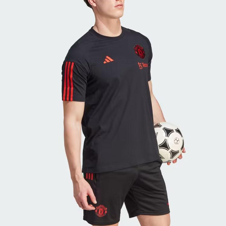 Adidas Manchester United Tiro 23 Training T-Shirt Color Block Logo Design Breathable Sports Short Sleeve Football Shirt Men Tops Black IA8489