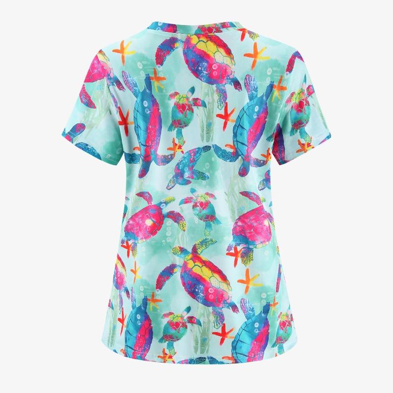 Uniformes Chirurgicaux Femme Imprimé Motifs Colorés Uniformes Chirurgicaux Col en V Manches Courtes Poche Plaquée T-shirt Médical de Bloc pour Femme