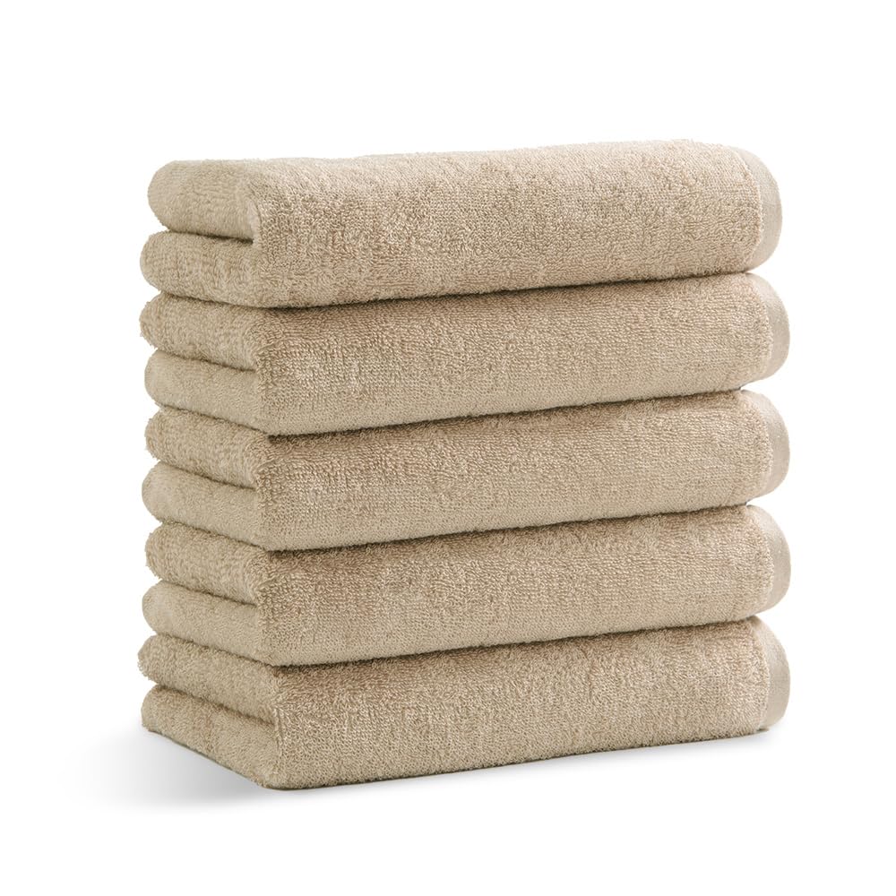 Iris Plaza Face Set Latte Microfiber Fabric Fast Polyester and Cotton Towels, 5-Piece (Compact Type), Beige, (Polyester), 34x80cm, Thin, Fluffy,