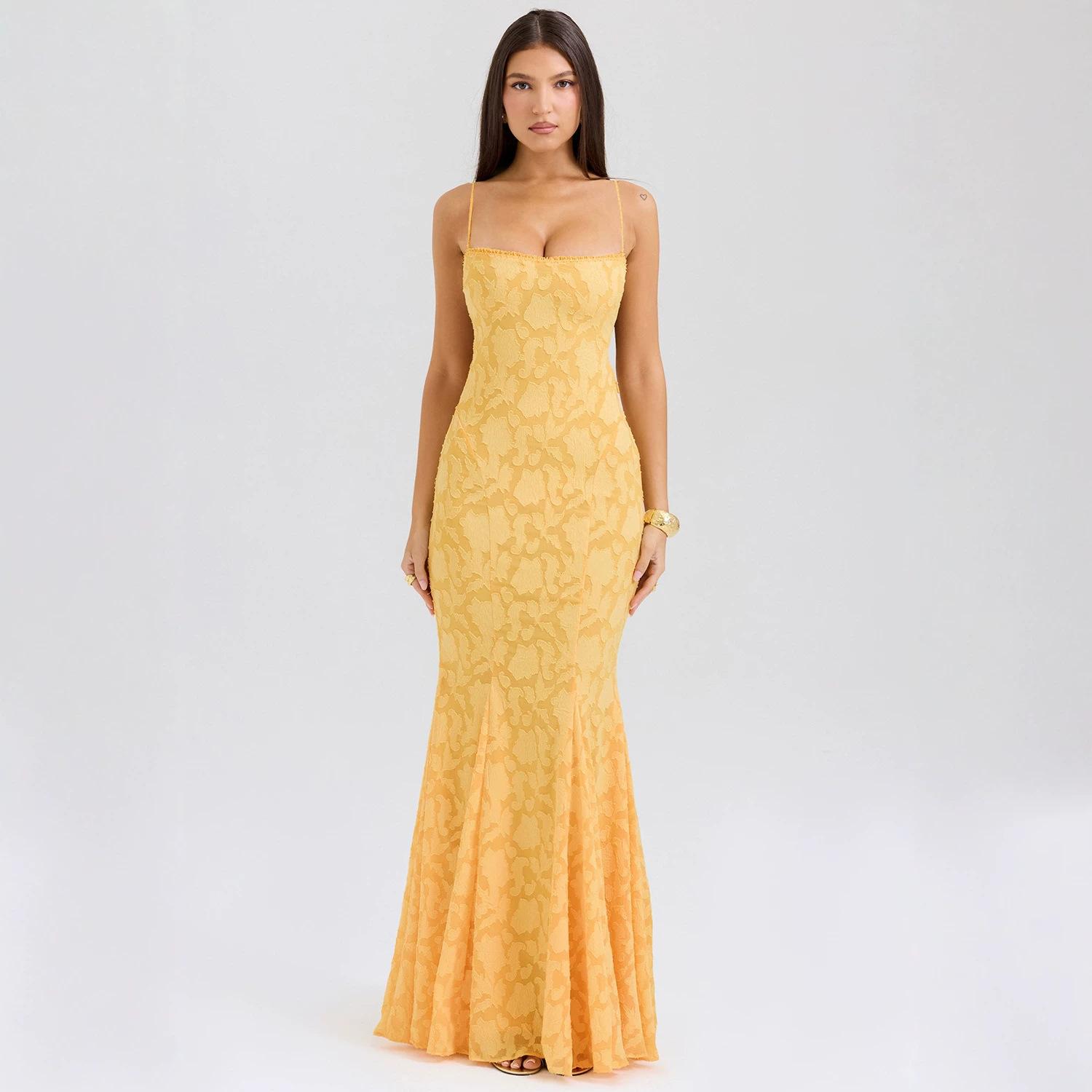 New 2026 European and American women s clothing sexy and thin slim backless tube top waist dress long dress women S жёлтый