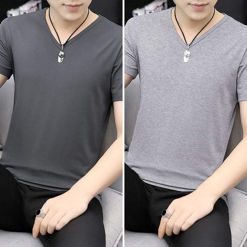 2-pak męskich koszulek z lodowego jedwabiu z dekoltem w serek, z krótkim rękawem, slim fit