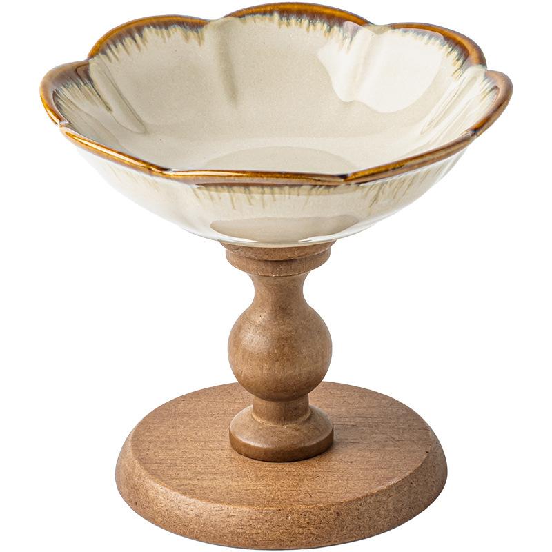BRCeramic Bowl Floral High-sided Plate Wooden Fruit Plate Dessert Bowl Afternoon Tea Accessories Decorative Tray Kitchen OrganizerEY