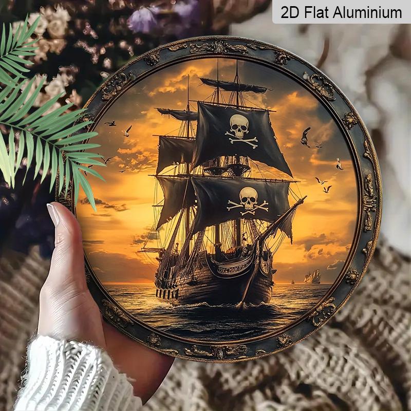 2D Flat, 1pc Vintage Pirate Ship Wall Decor - Round Aluminum Metal Nautical Sign, Jolly Roger Skull & Crossbones Wall Plaque, Suitable for Home, Bar