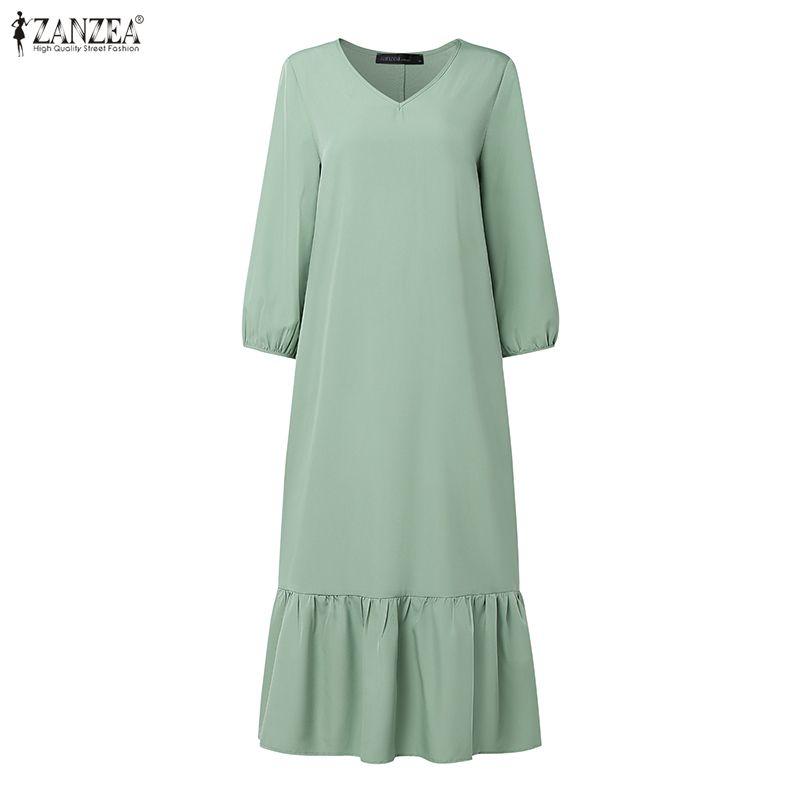ZANZEA Women Casual V-Neck Solid Color 3/4 Sleeve Midi Dress