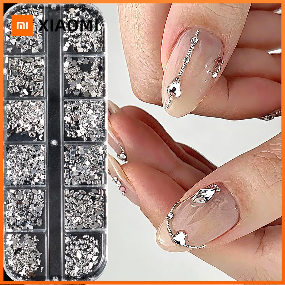 Xiaomi 12 Grids Silvery Rhinestones Nail Charms Butterfly Bow Star Moon Heart Triangle Crystal Gems 3D Nail Art Decorations Accessories