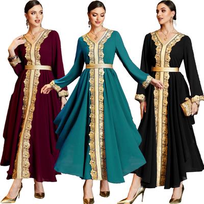 Novo decote em v dupla camada chiffon vestido irregular costura renda oriente médio roupas femininas da arábia saudita