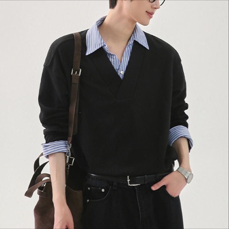INCERUN Autumn Winter Men Patchwork Lapel Neck Long Sleeve Casual Texture Pullovers