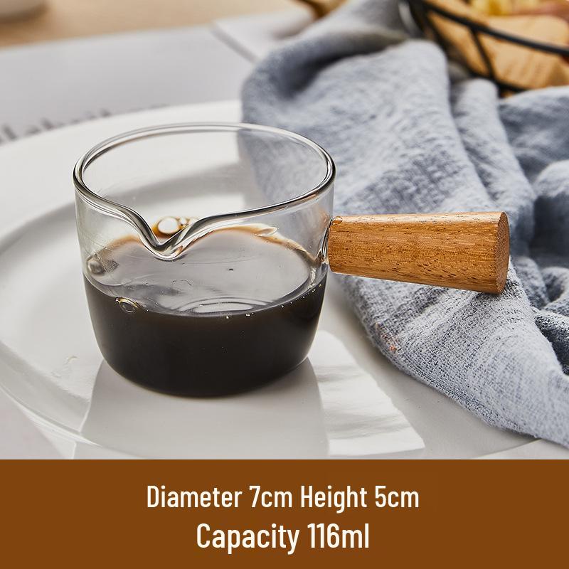 Glass Espresso Bean Measuring Cup with Double Spout, Wooden Handle, and Small Milk Jug