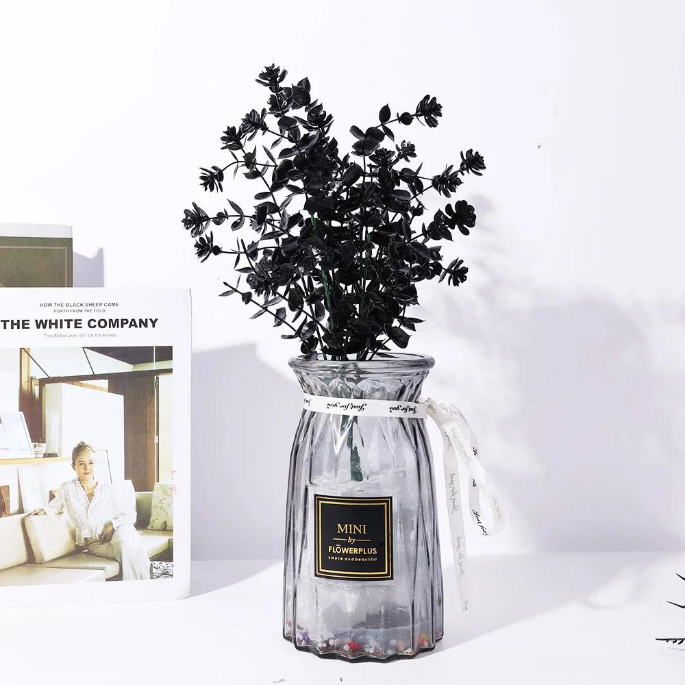 7 Branches Artificial Black Eucalyptus Leaves Plastic Plants Persian Fern Halloween Fake Flower Bouquet Home Office Decoration