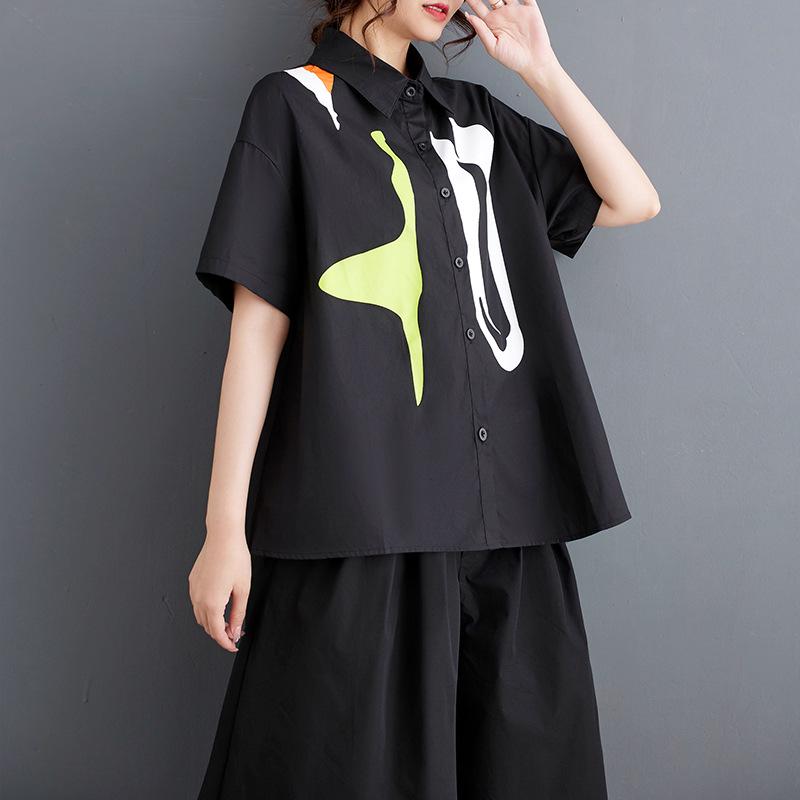

Summer Loose Plus Size Patchwork Casual Short Sleeve Blouse One Size чорний