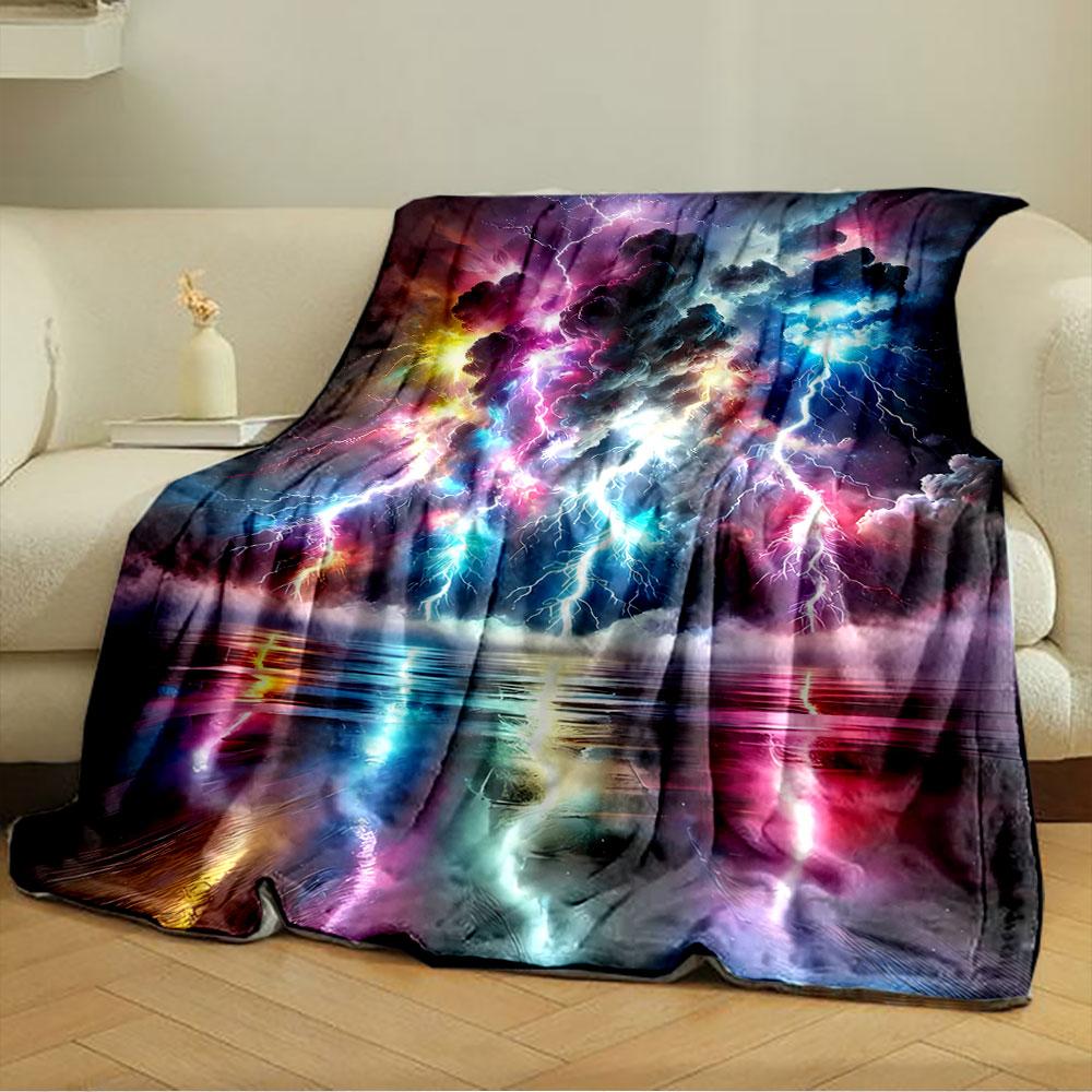 Vivid Lightning Bolts Illuminate Colorful Clouds with Reflections In Water. for All Seasons Blanket Lunch Break Throw Gift
