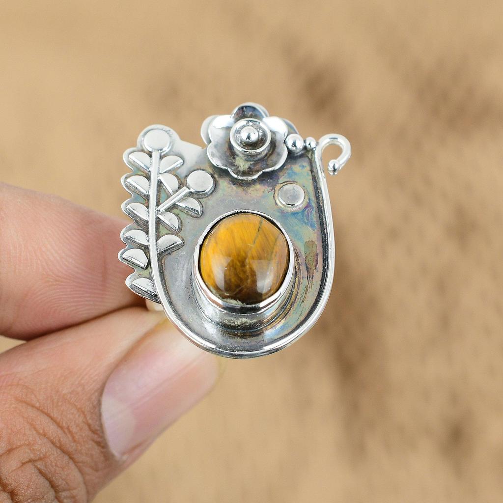 925 Sterling Silver Oval Tiger's Eye Stone Statement Flower Promise Ring Jewelry