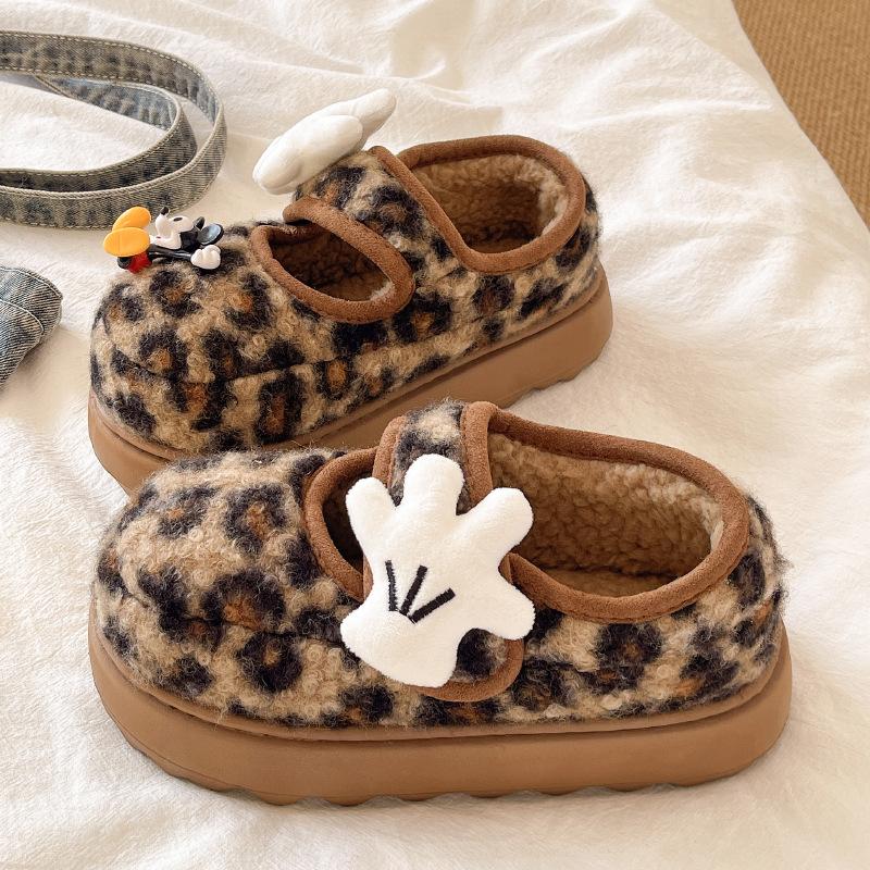 Casual Winter Warm Fluffy Shoes Plush Beanie Cotton Shoes 2025 Leopard Print Velcro Platform Mary Jane Bread Shoes