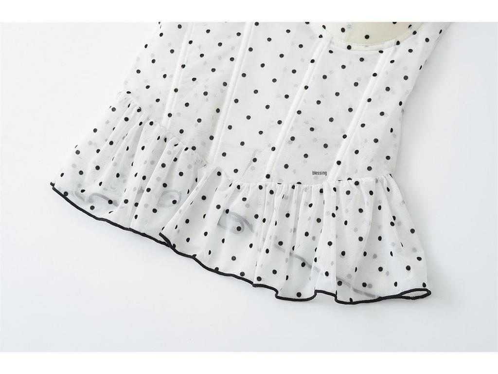 Korean Elegant Polka Dot Ruffle Camisole, Slim Fit with Chest Pads, Waist-Cinched, Flattering Lace Top for Women