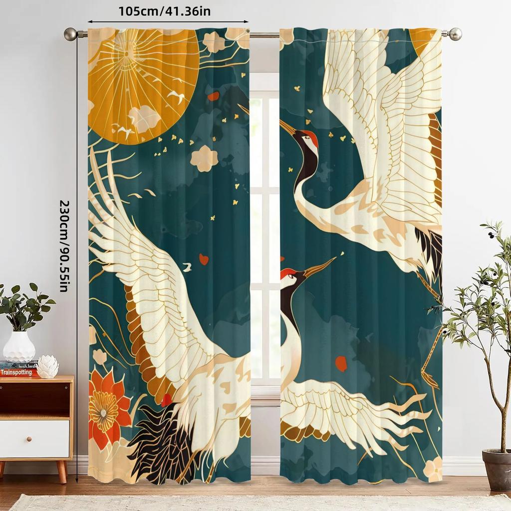 Light Blocking Chinese Art Xianhe Lianhua Curtains Matte Polyester Drapes Cranes Floral Design Curtain Set Of 2 Vintage Made With Rod Pocket Washable