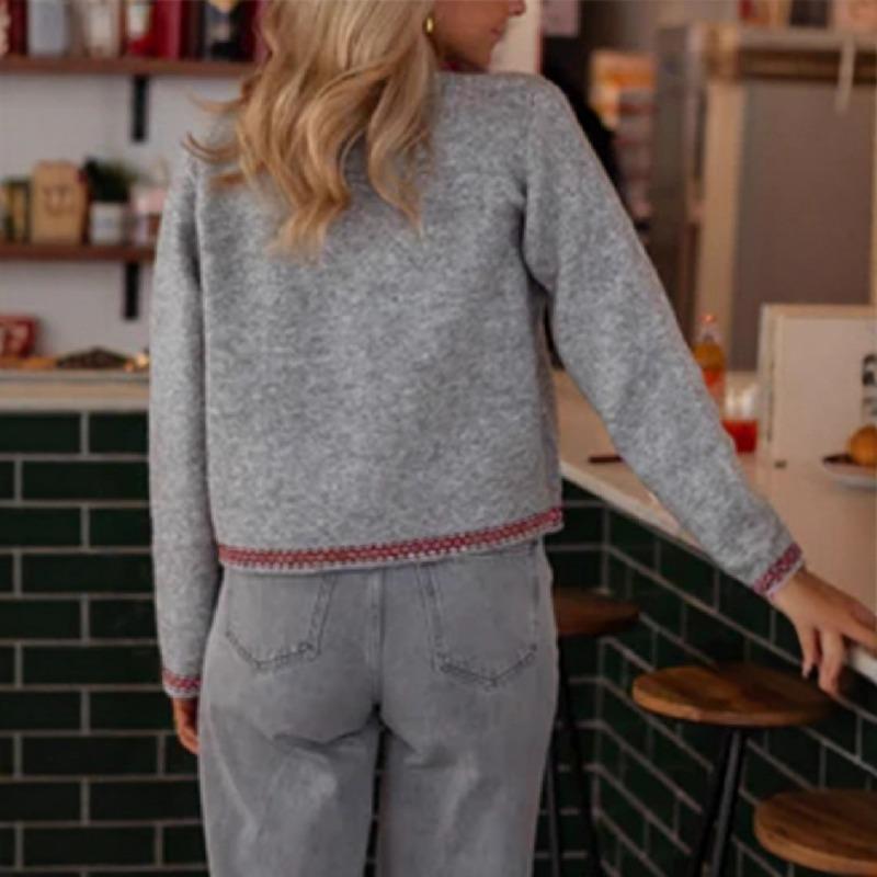 2025 New Elegant Contrasting Color Trim Front-breasted Pocket Knitted Sweater Cardigan for Women