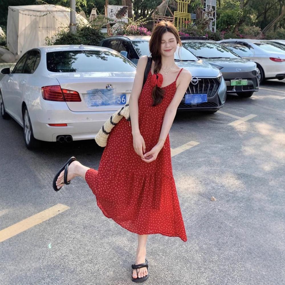Spring 2025 French Floral Red A-line Spaghetti Strap Dress for Women
