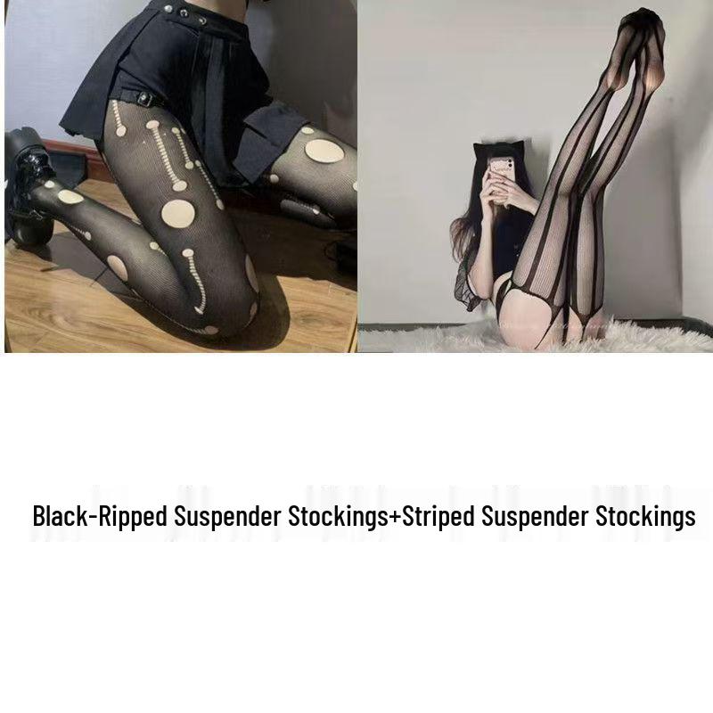 Vintage Black Silk Suspender Fishnet Stockings - Slim, Ripped Over-the-Knee for Spring & Autumn