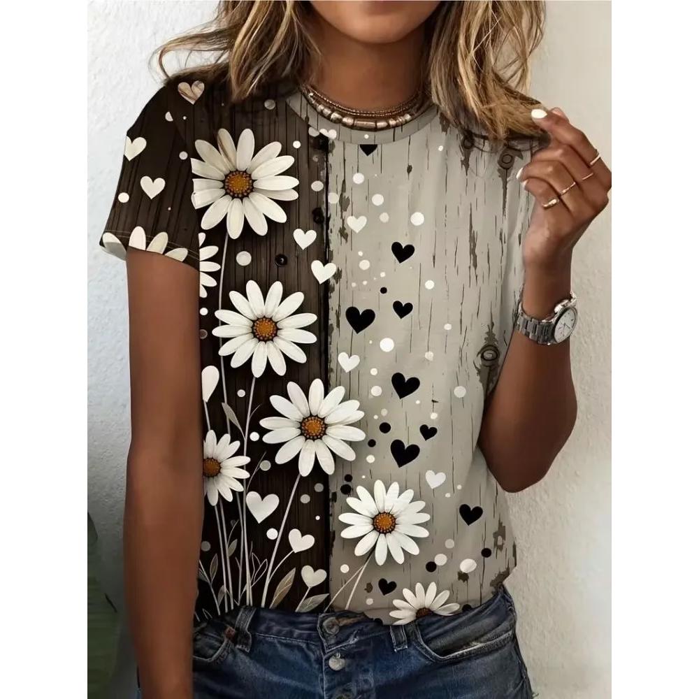 Simple Comfortable Women's Flower Printed Top T-shirt Fashionable Breathable Short Sleeve Casual T-Shirts Women’s