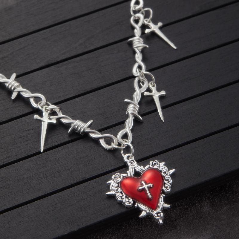 Gothic Y2K Thorn Rose Bow Heart Pendant Necklace Women's Retro Vampire Accessories Witch Party Jewelry Gift Choker