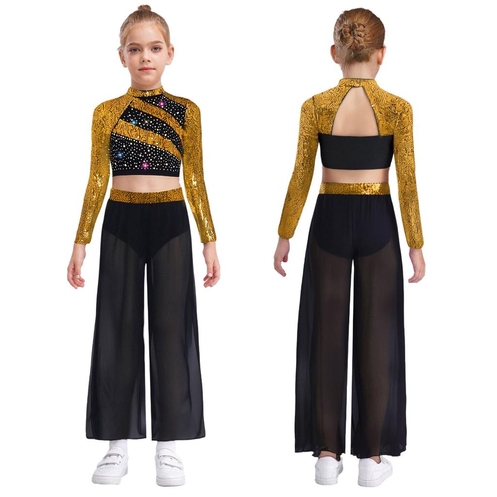 Kids Girls Dance Costume Two-Piece Set Mock Neck Long-Sleeved Sequins Cutout Back Press Button Crop Top with Flowing Chiffon Overlay Wide-Leg Side Sli