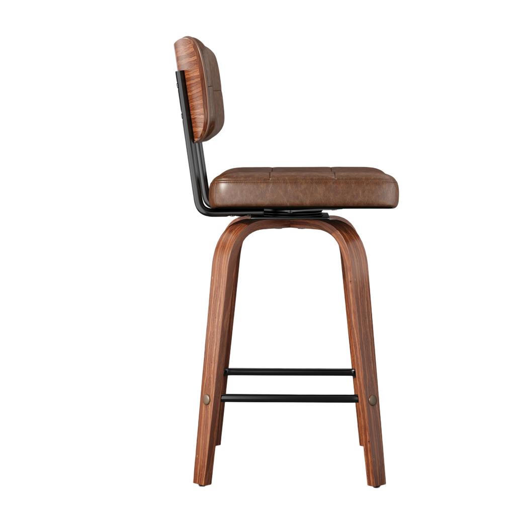 Bar Stool Curve – Swivel PU Upholstered Stool with Curved Wood Sickle Backrest & Metal Frame, 360 Degrees Swivel, Set of 2