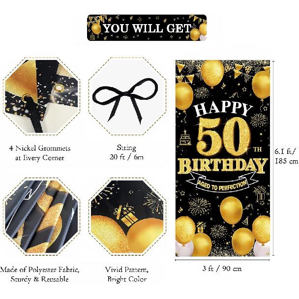 Happy 50th Birthday Decorations for Men & Women, Black Gold 50 Birthday Banner Backdrop, 50 Years Old Party Decor, Fabric Door Decor Yard Sign Photo
