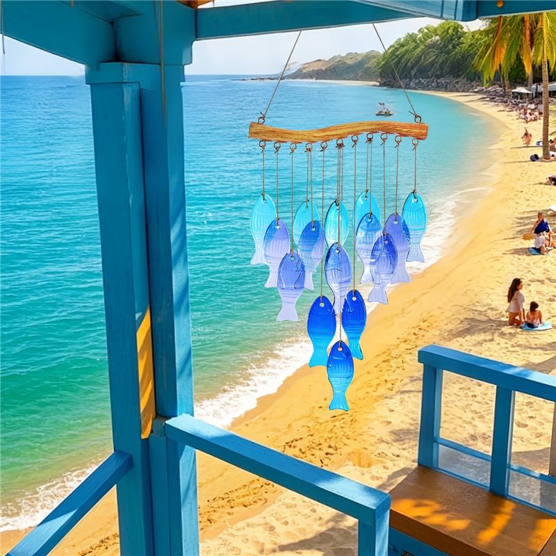 Handmade Blue Glass Fish Wind Chime Large Outdoor/Indoor Hanging Decor
