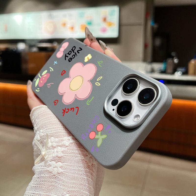 Cute Carton Flower Pattern Leather Texture Slim Soft Case For iPhone 16 Pro Max 15 14 Pro 13 12 11 Matte Lens Protection Shockproof TPU Phone Cover