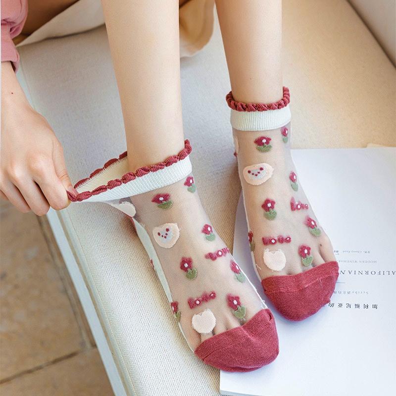 5 Pairs Women Socks Harajuku Summer Cartoon Lace Ankle Sock Casual Socks Transparent Elastic School Girl Short Socks