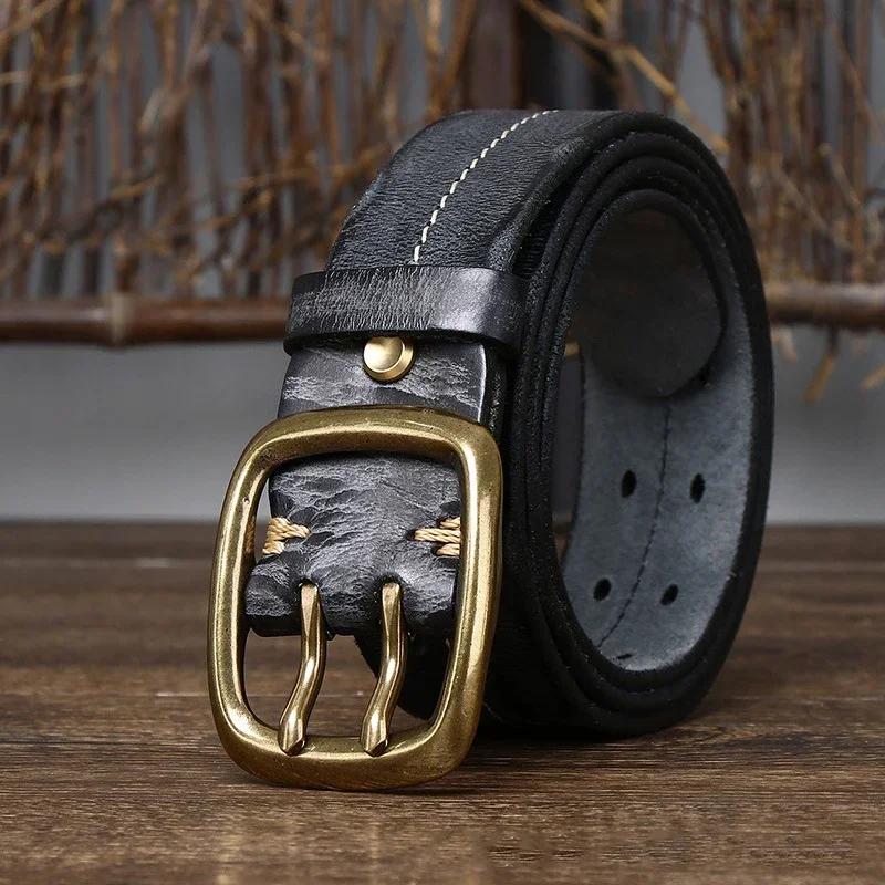 

3.8cm Pure Cowskin Genuine Leather Belt Men Copper Double Needle Pin Buckle High Quality Luxury Male Strap Jeans Military Belt 105CM чёрный