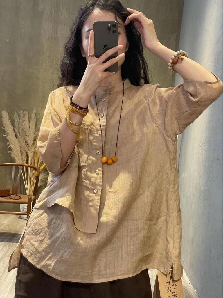 Women's Retro Cotton Linen Irregular Seven-Sleeve Shirt - 2024 Autumn Design, Flattering Loose Fit